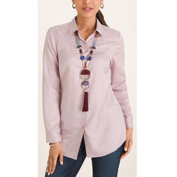 Chico’s Shirt Tunic Size 1 (8) Pink Long Sleeve Silky Paisley - Picture 1 of 13